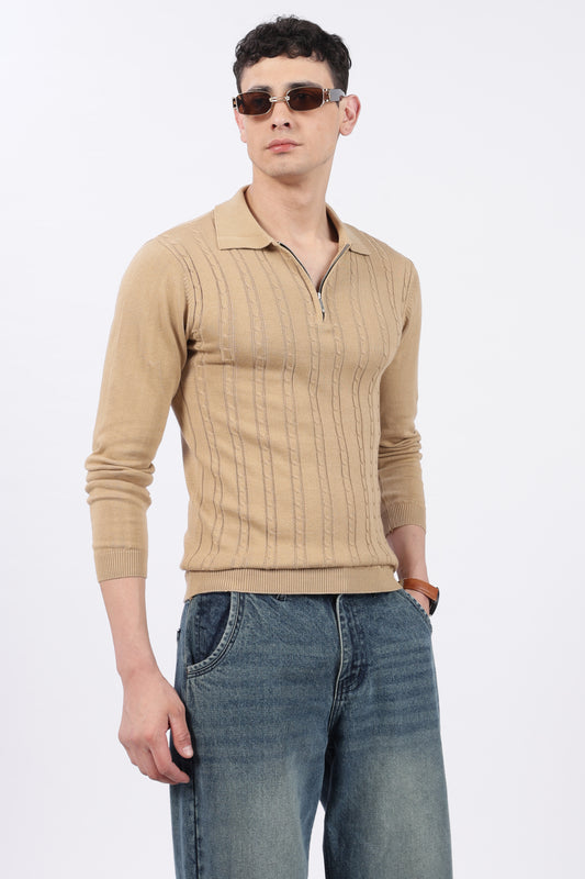 Beige Cable-Knit Zipper Polo T-Shirt