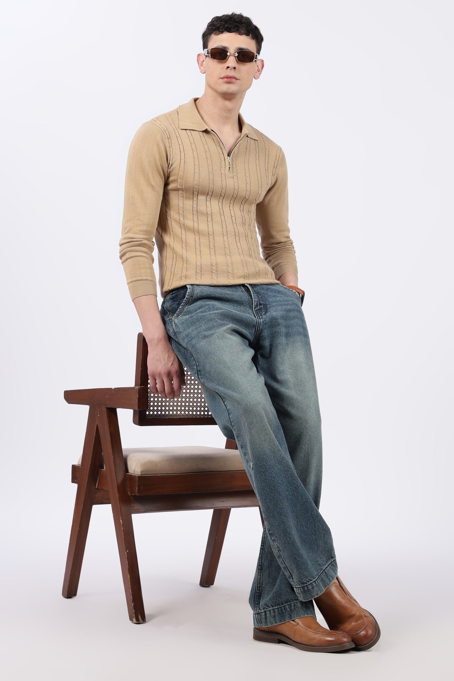 Beige Cable-Knit Zipper Polo T-Shirt