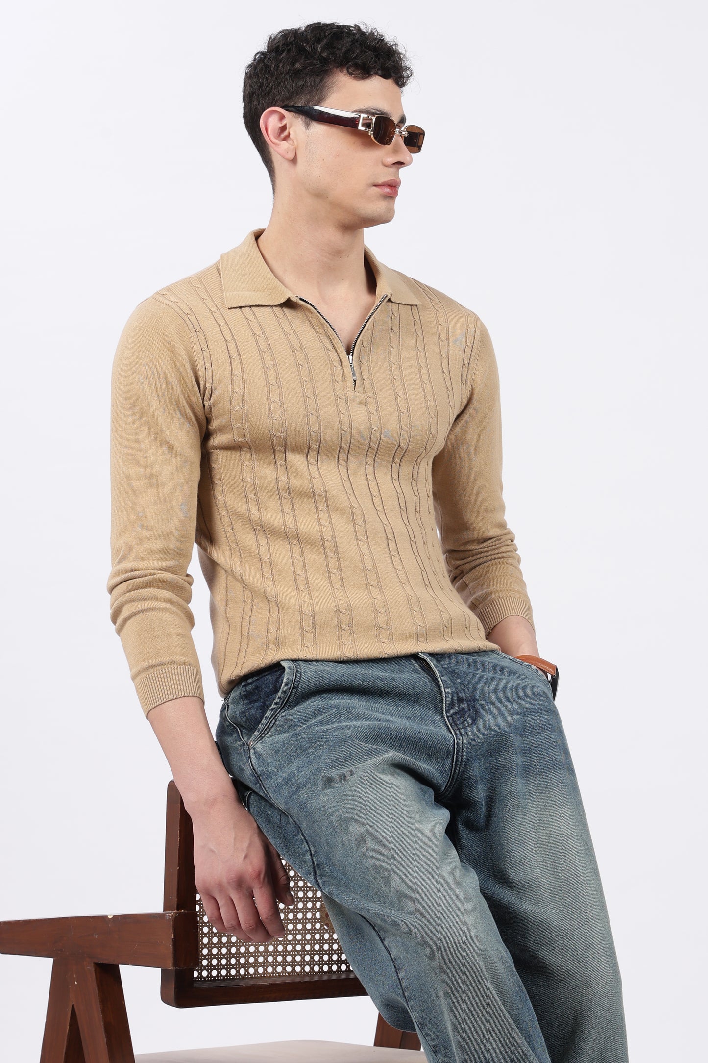 Beige Cable-Knit Zipper Polo T-Shirt