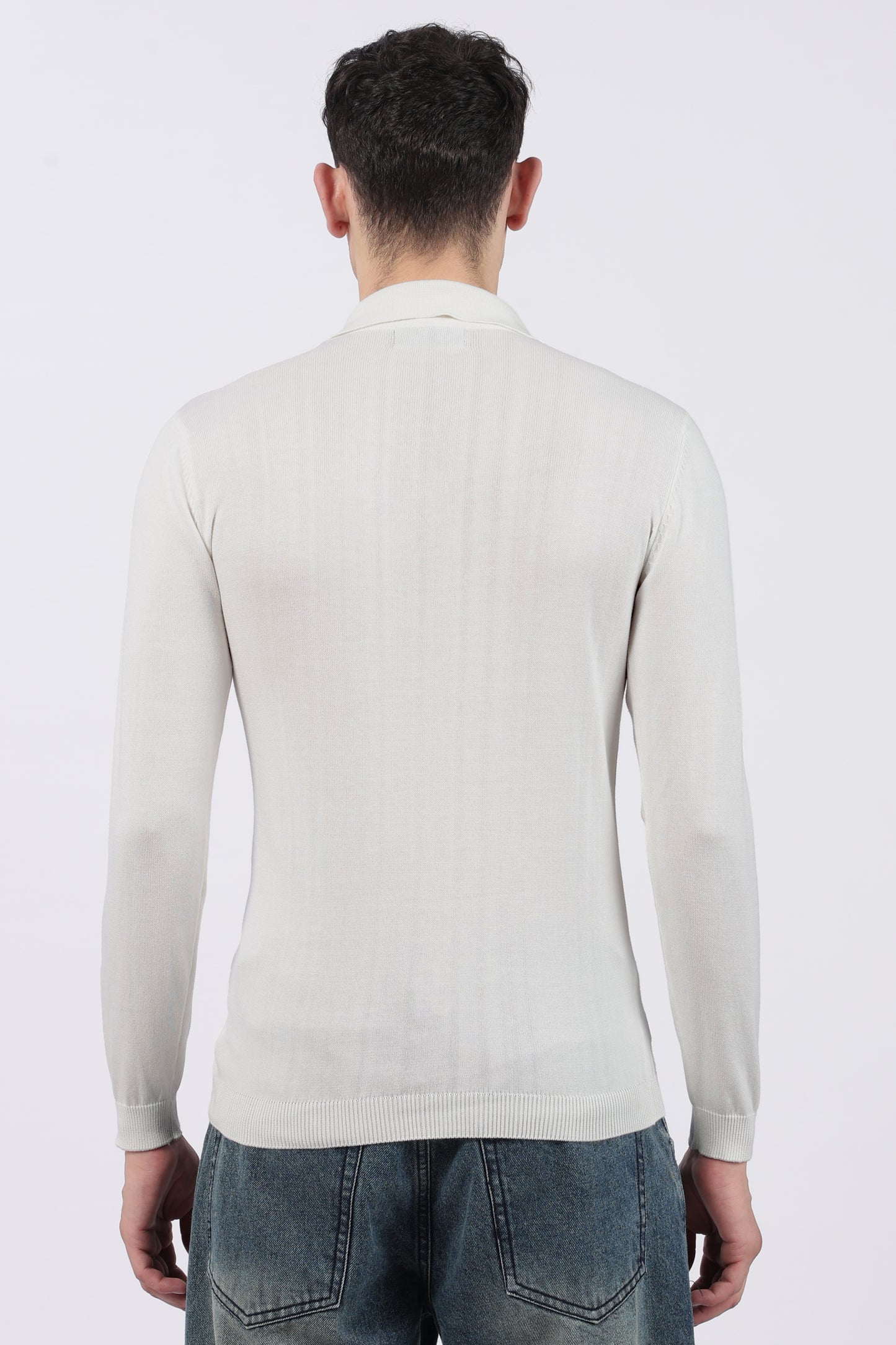White Cable-Knit Zipper Polo T-Shirt