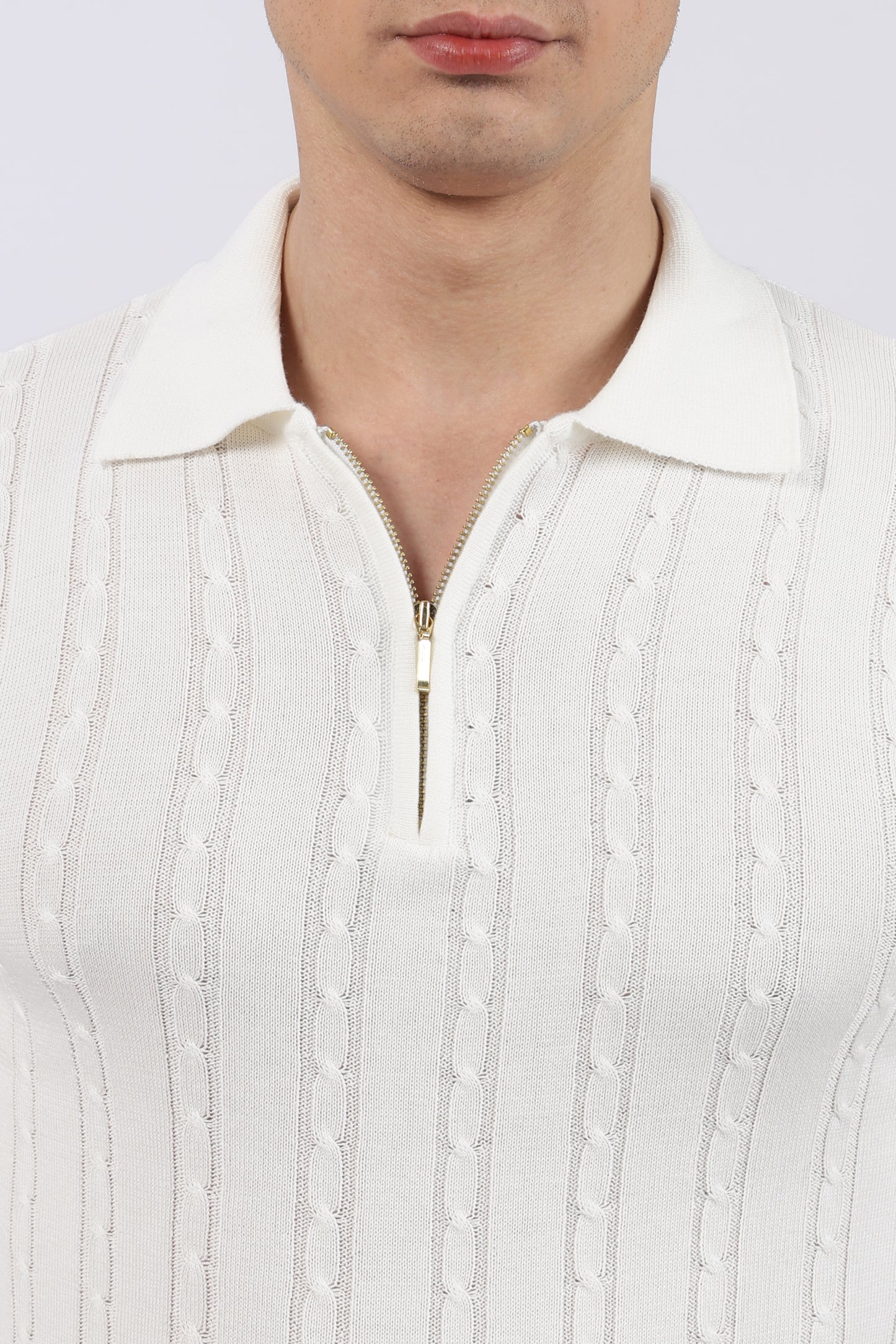 White Cable-Knit Zipper Polo T-Shirt