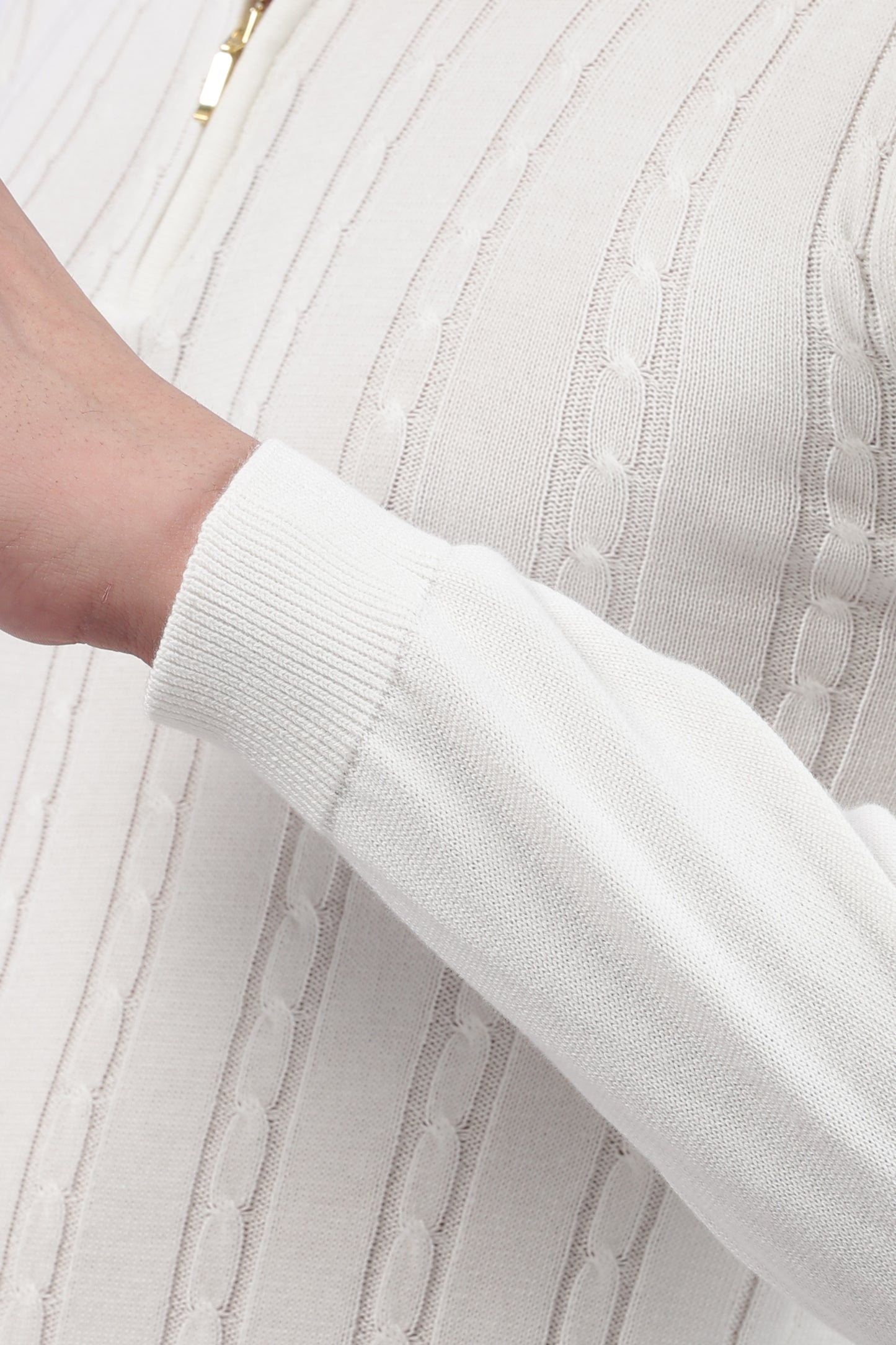 White Cable-Knit Zipper Polo T-Shirt
