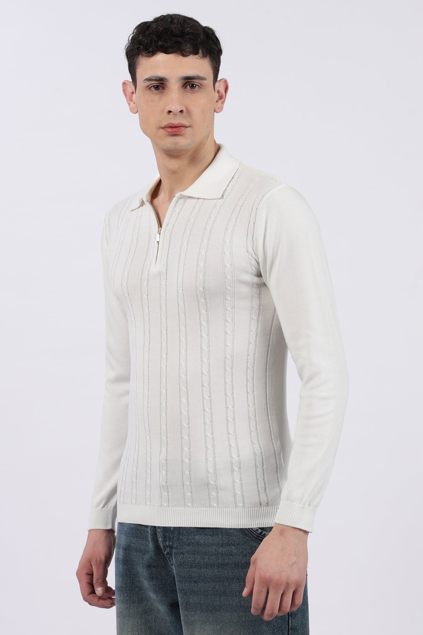 White Cable-Knit Zipper Polo T-Shirt
