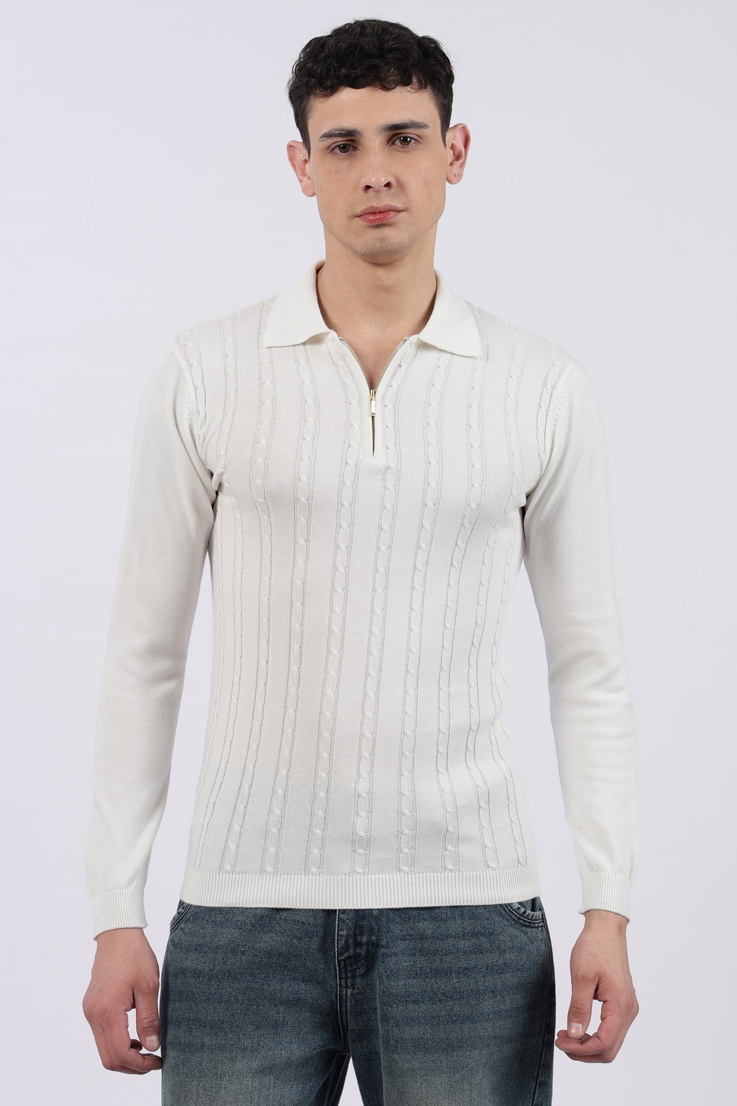 White Cable-Knit Zipper Polo T-Shirt