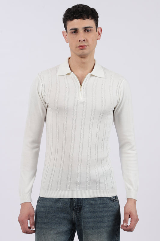 White Cable-Knit Zipper Polo T-Shirt