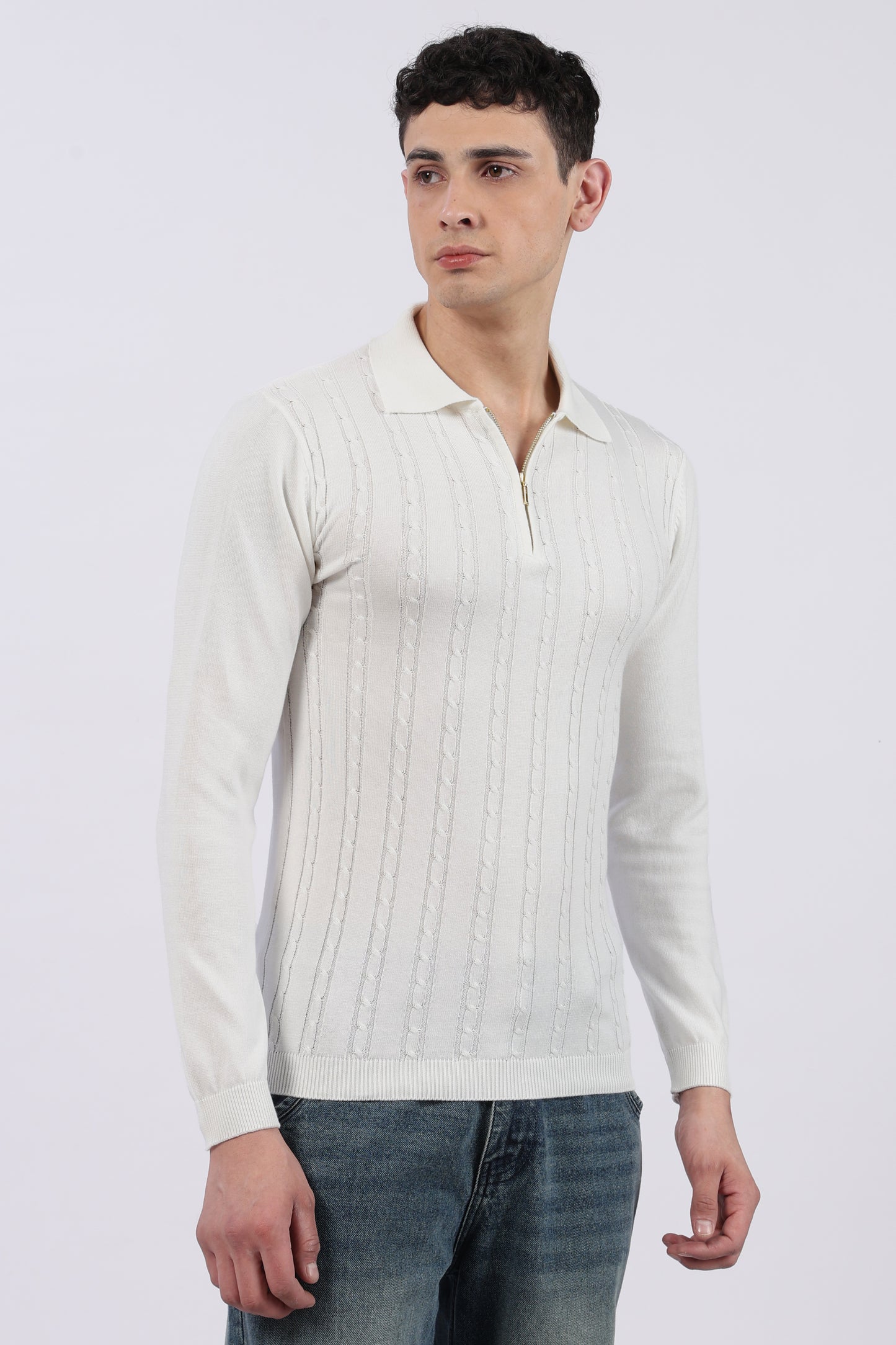 White Cable-Knit Zipper Polo T-Shirt
