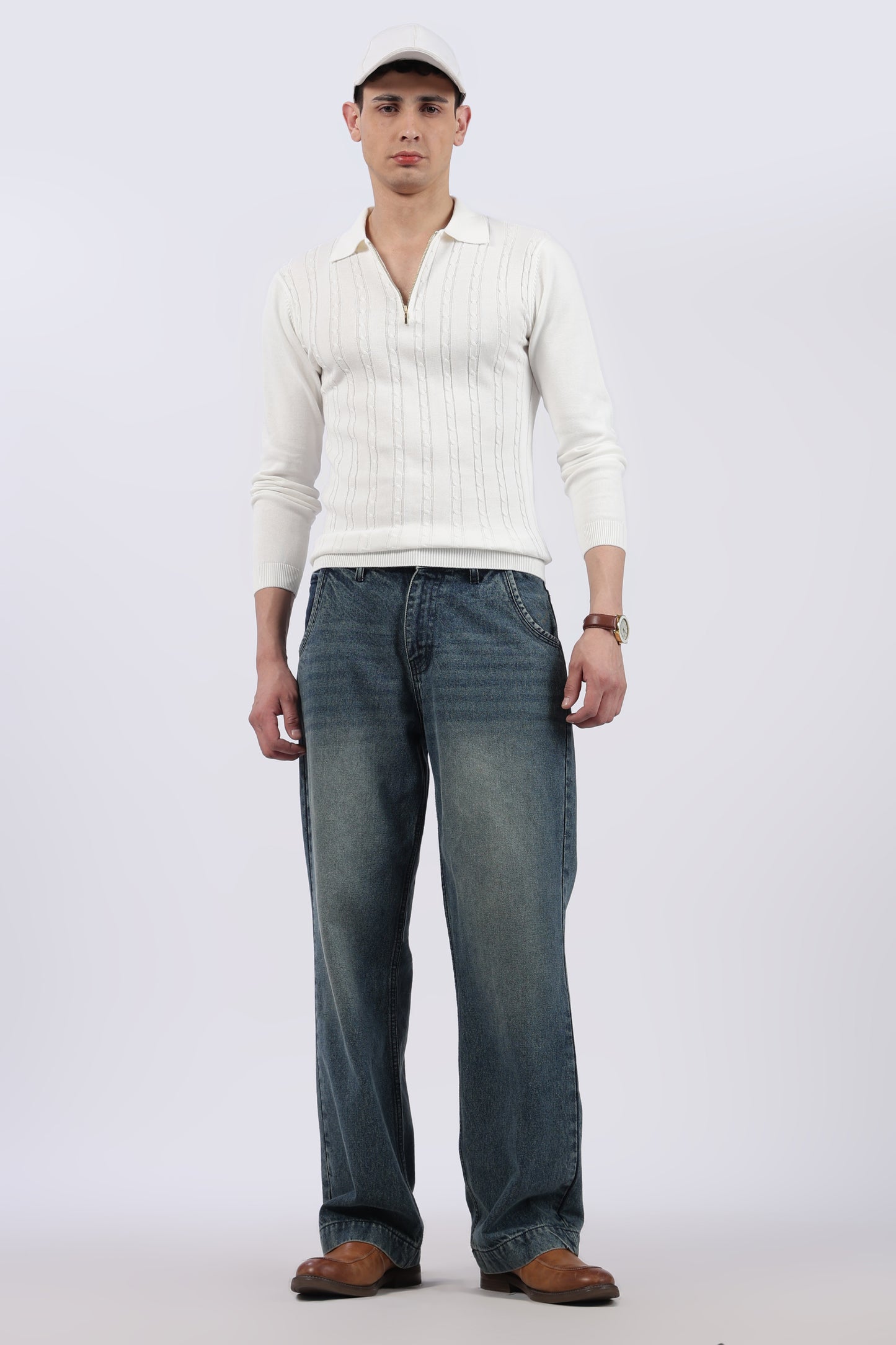 White Cable-Knit Zipper Polo T-Shirt