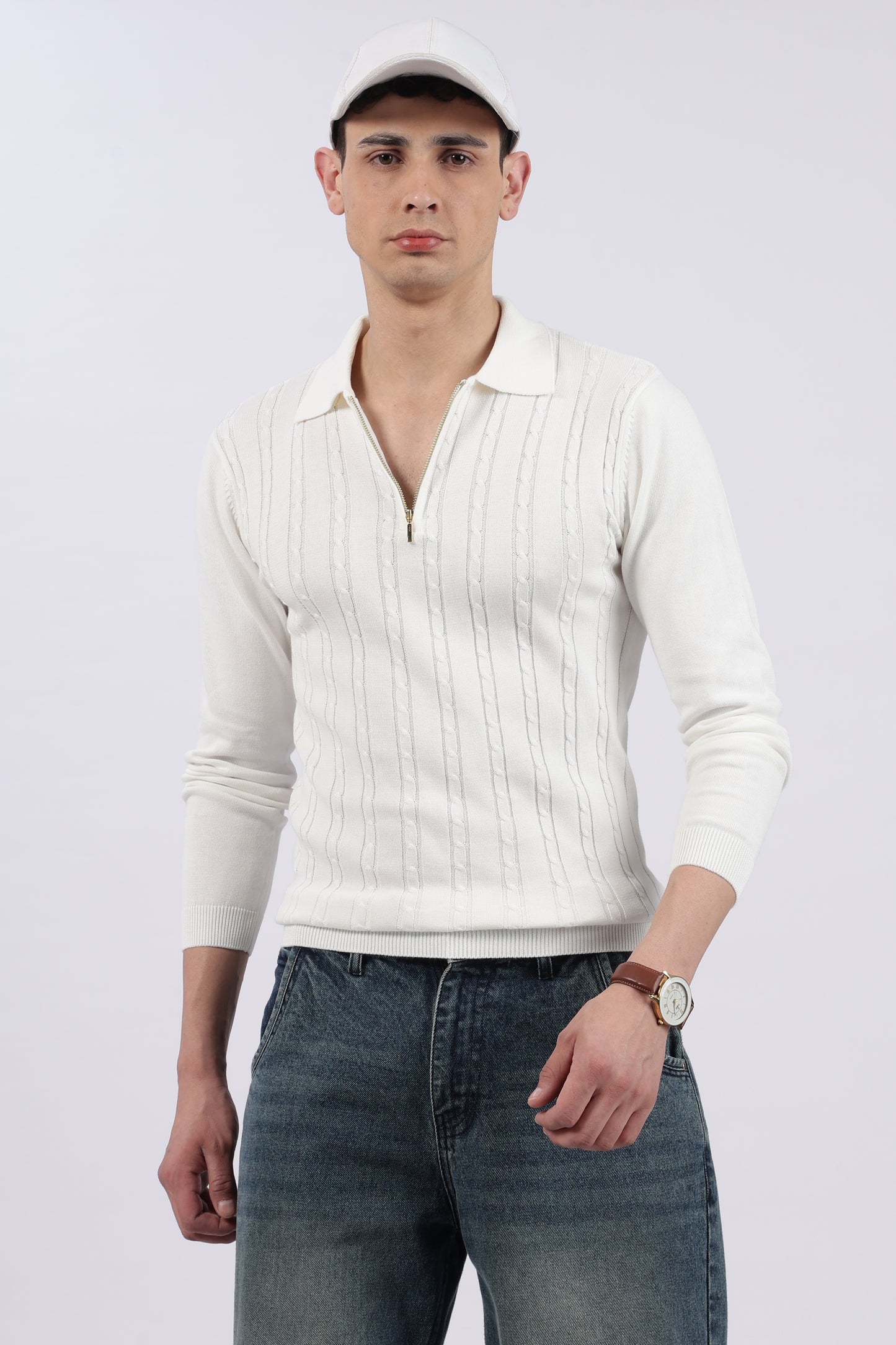 White Cable-Knit Zipper Polo T-Shirt