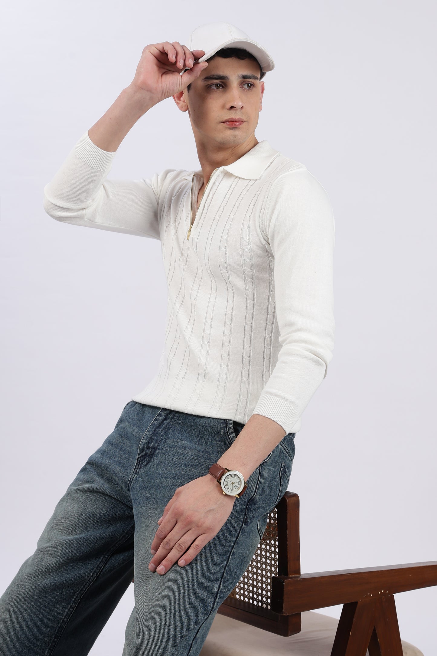White Cable-Knit Zipper Polo T-Shirt