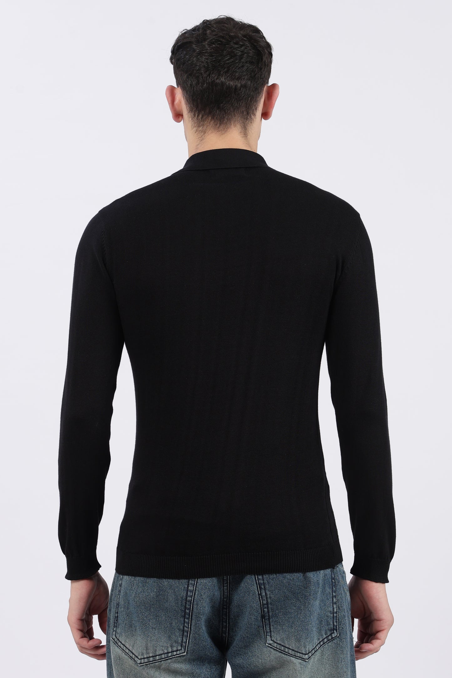 Black Cable-Knit Zipper Polo T-Shirt