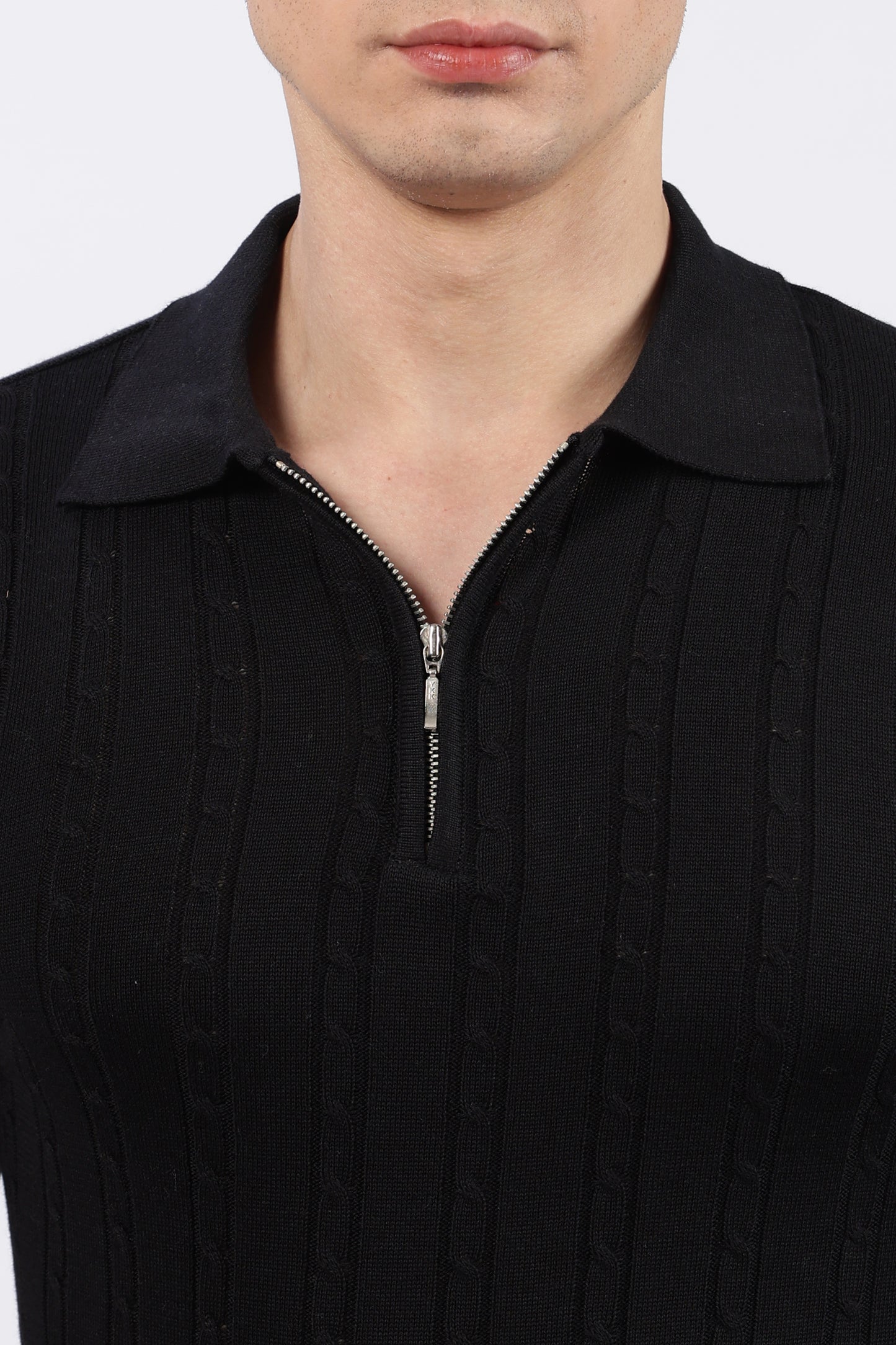Black Cable-Knit Zipper Polo T-Shirt