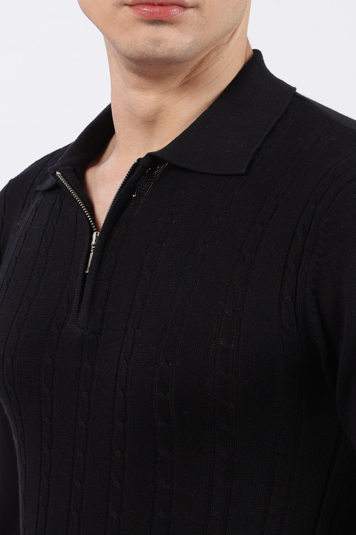 Black Cable-Knit Zipper Polo T-Shirt