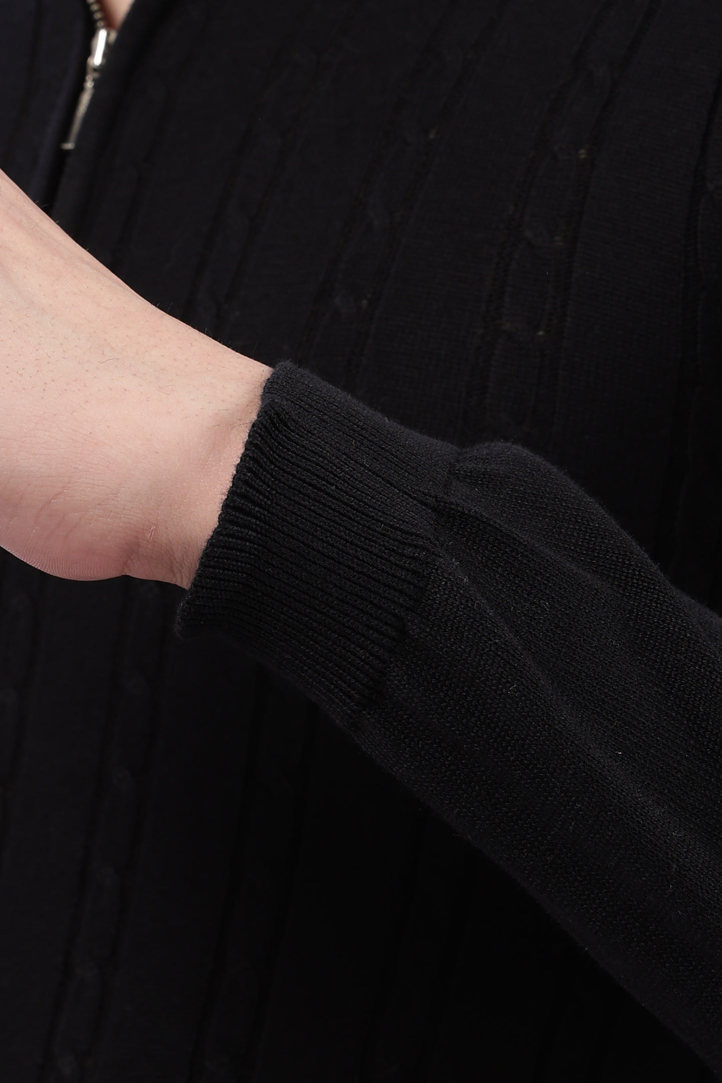 Black Cable-Knit Zipper Polo T-Shirt
