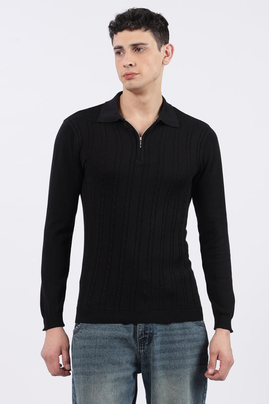 Black Cable-Knit Zipper Polo T-Shirt