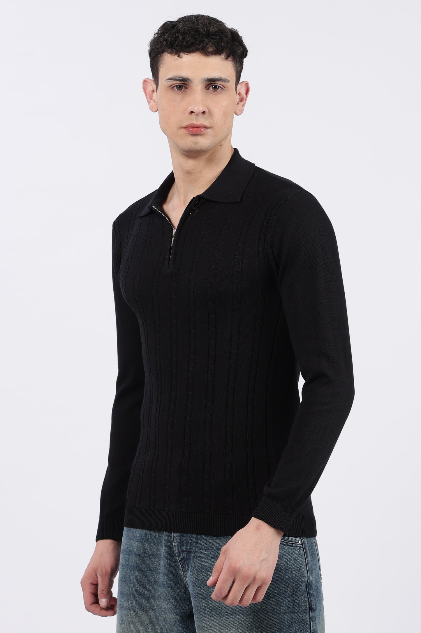 Black Cable-Knit Zipper Polo T-Shirt