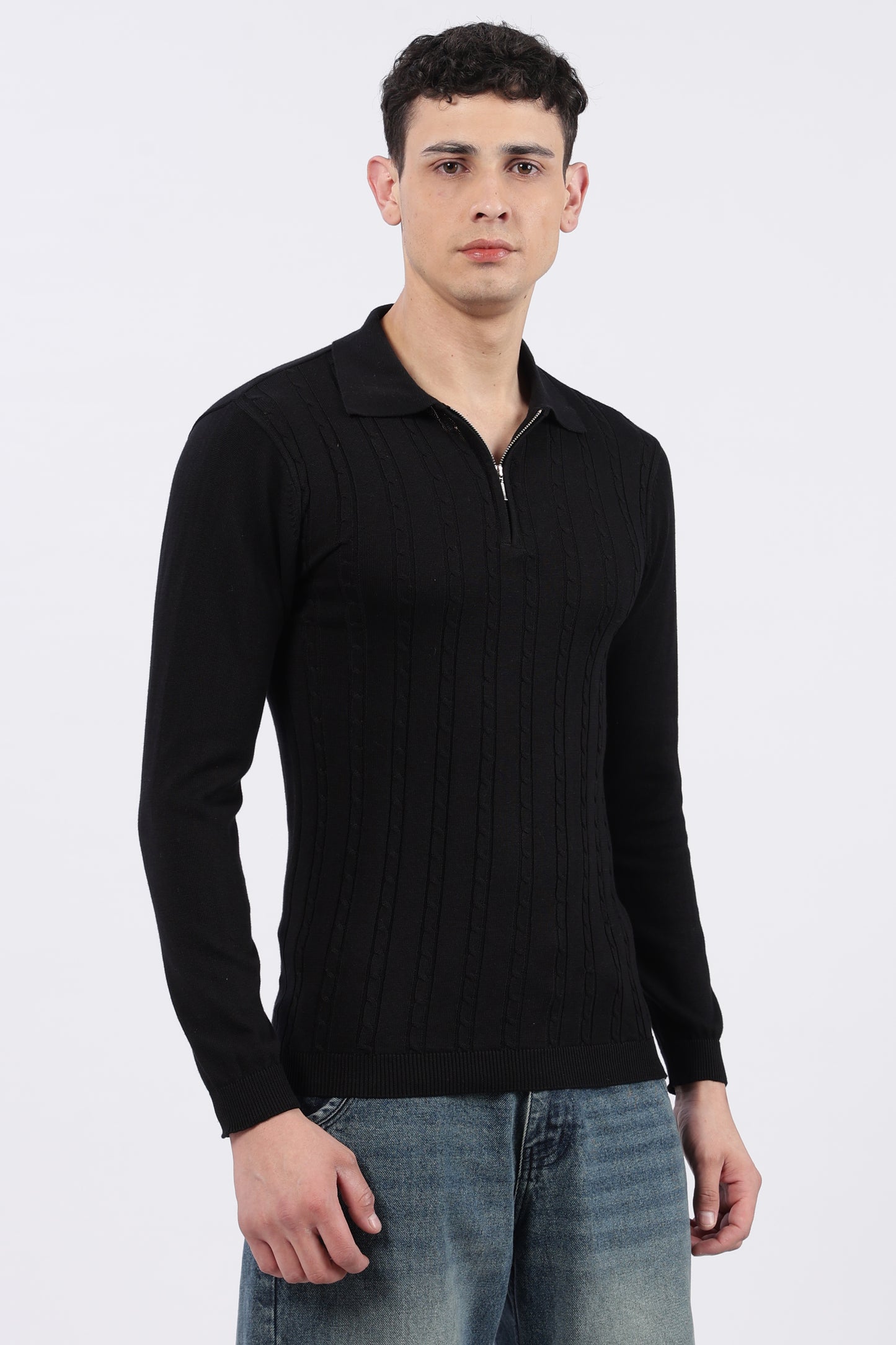Black Cable-Knit Zipper Polo T-Shirt