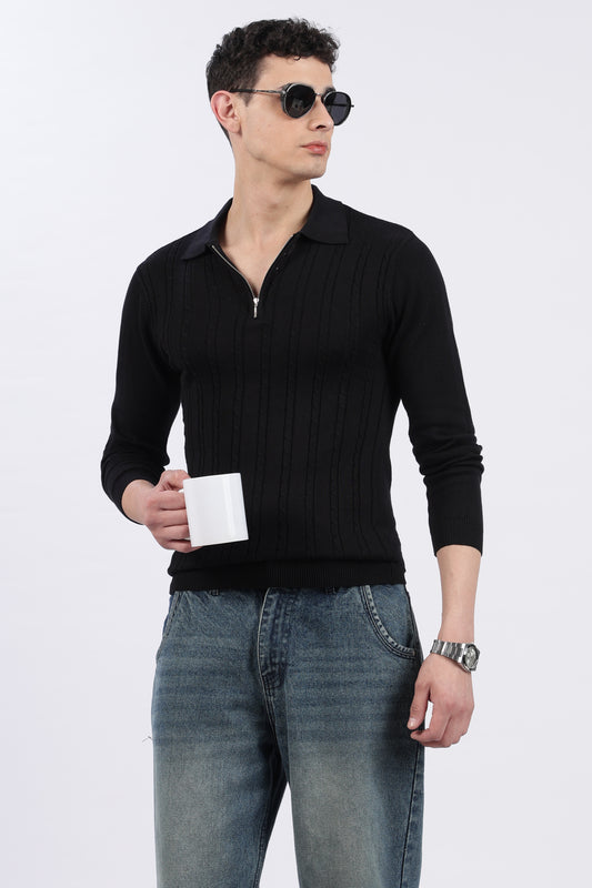 Black Cable-Knit Zipper Polo T-Shirt