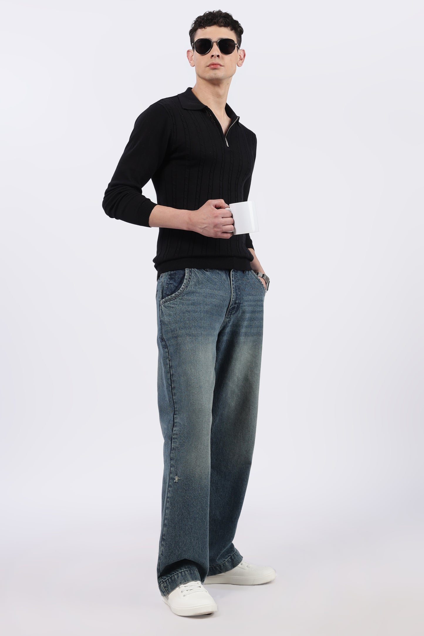 Black Cable-Knit Zipper Polo T-Shirt
