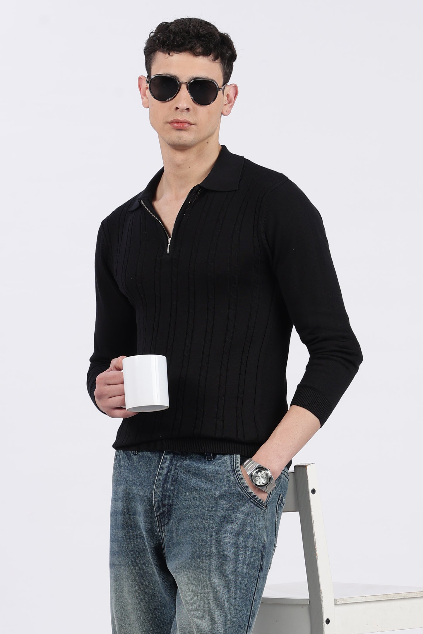Black Cable-Knit Zipper Polo T-Shirt