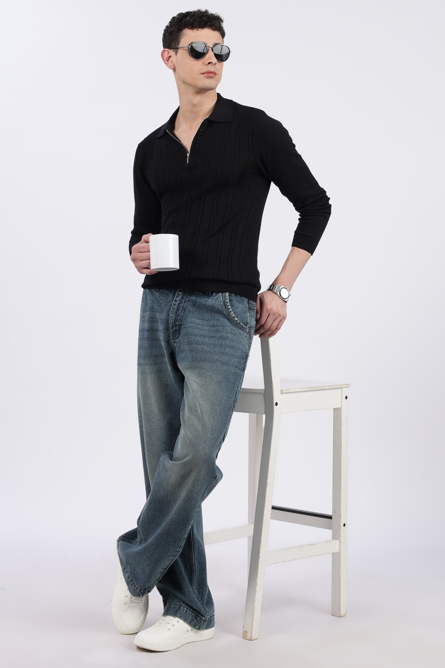 Black Cable-Knit Zipper Polo T-Shirt