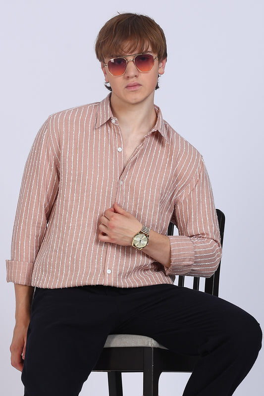 Regular Fit Striped Designer Peach Shirt