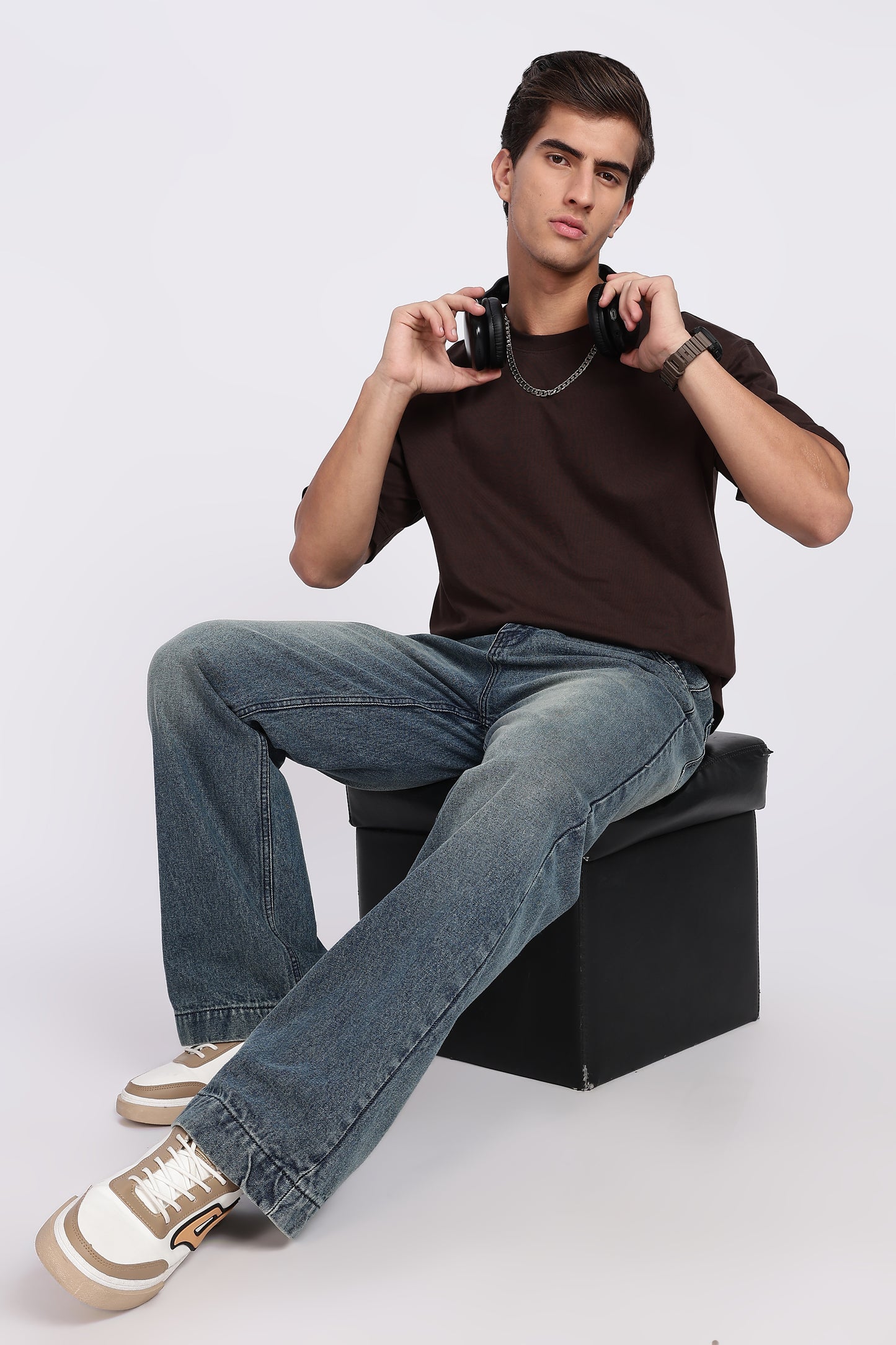 Five-Sleeve Drop Shoulder Cofee Brown T-Shirt