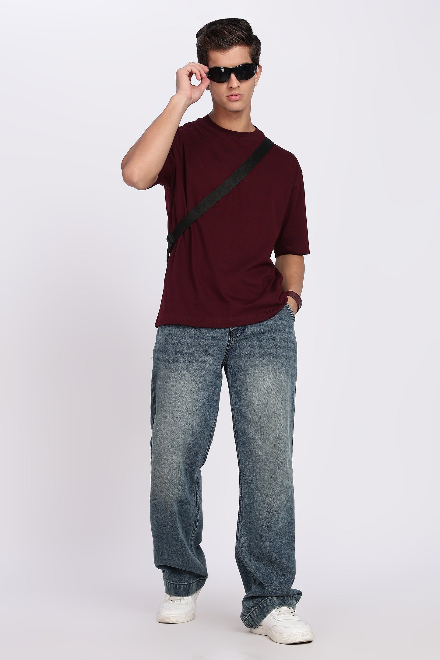 Five-Sleeve Drop Shoulder Maroon T-Shirt