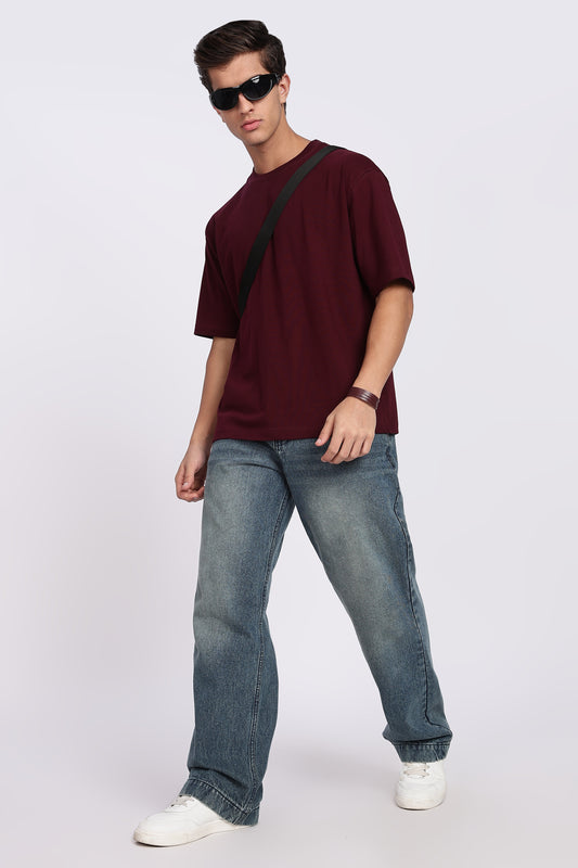 Five-Sleeve Drop Shoulder Maroon T-Shirt
