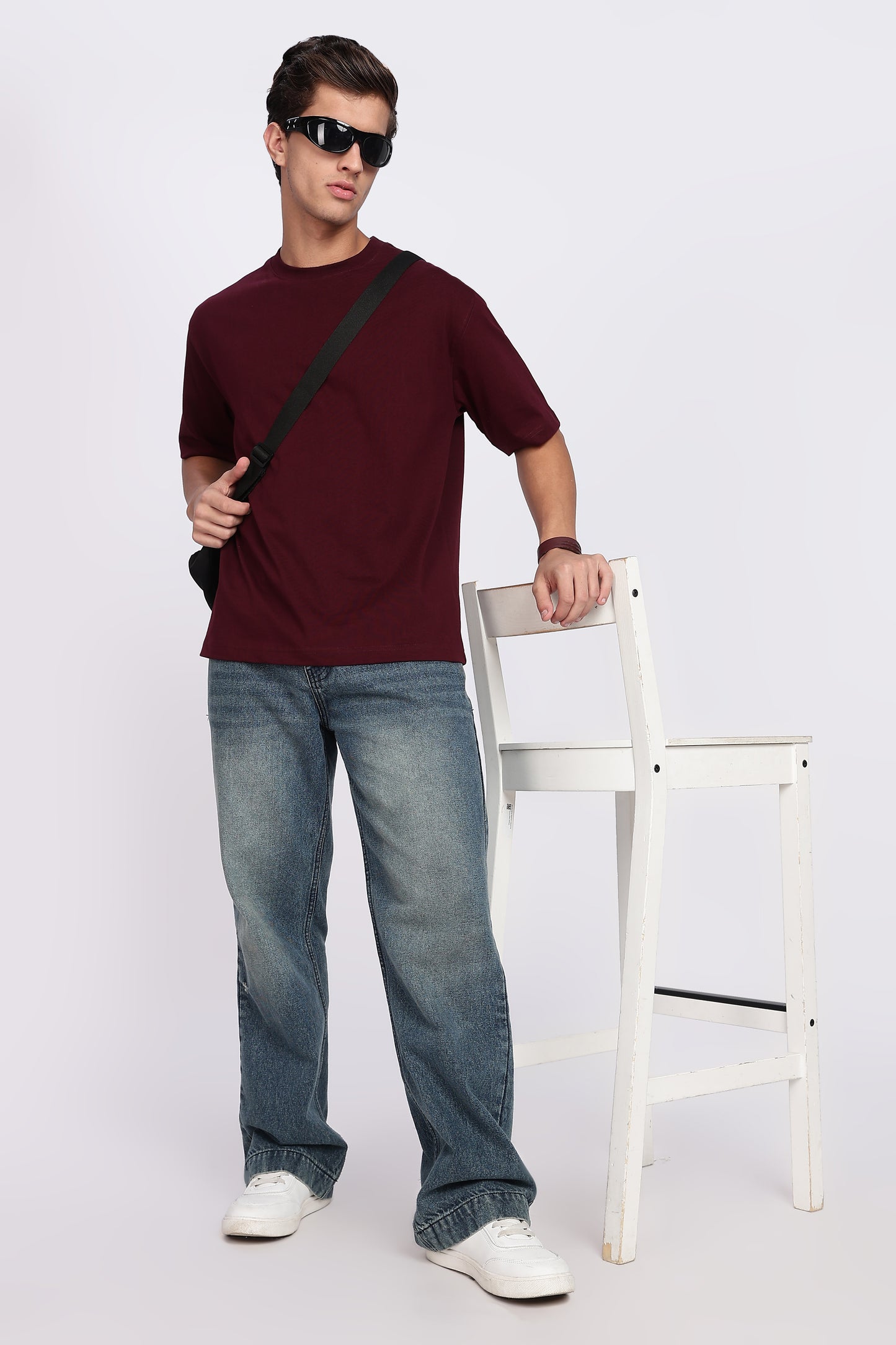 Five-Sleeve Drop Shoulder Maroon T-Shirt