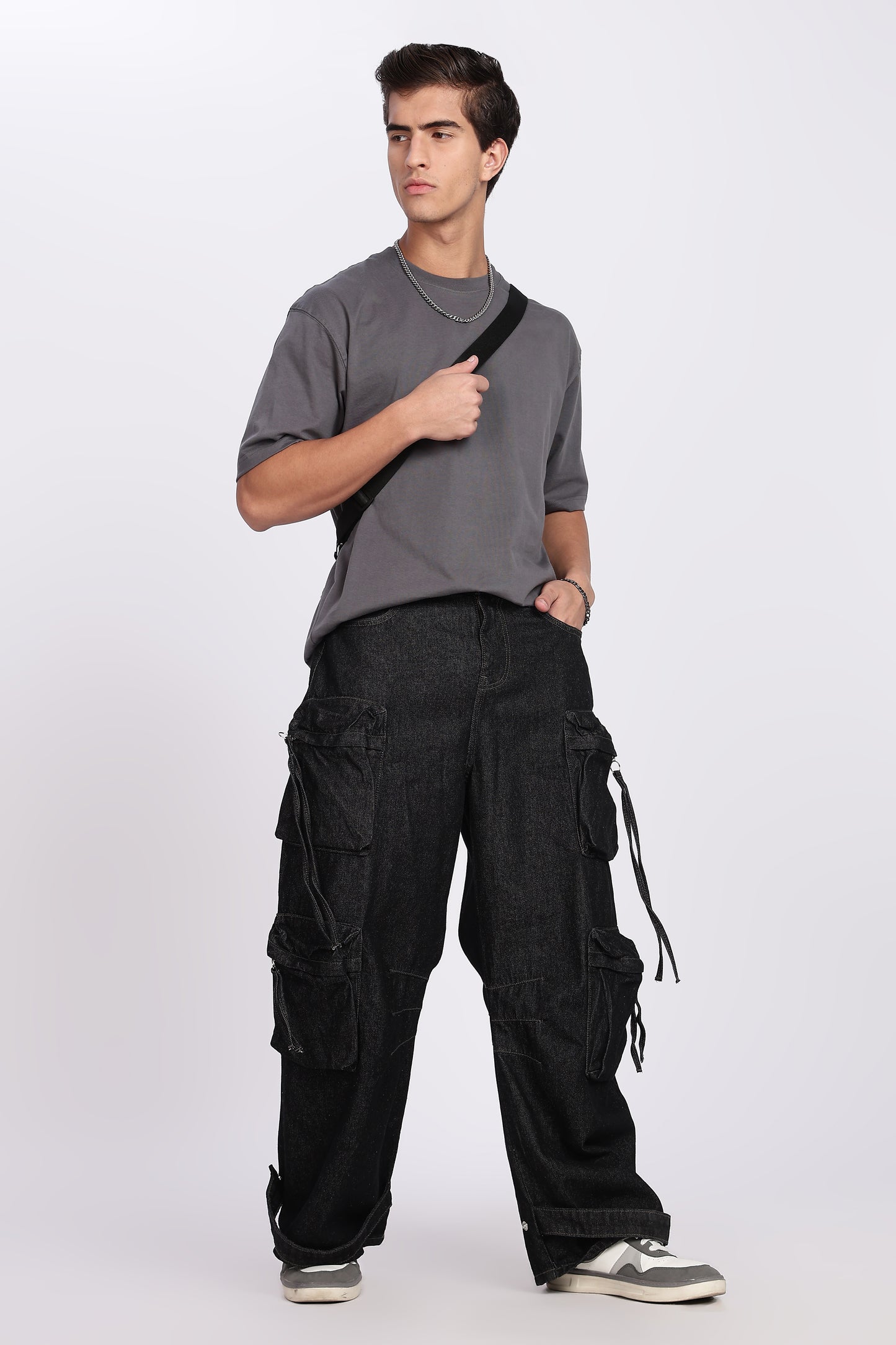 Five-Sleeve Drop Shoulder Grey T-Shirt