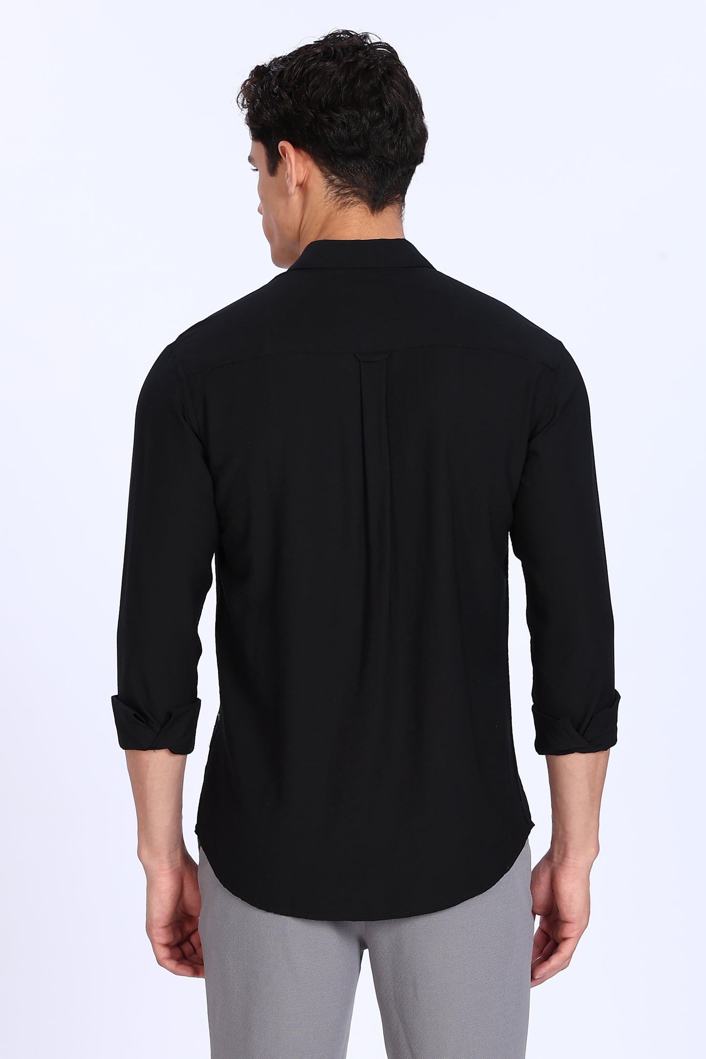 Regular Fit Black Plain Blend Linen Shirt