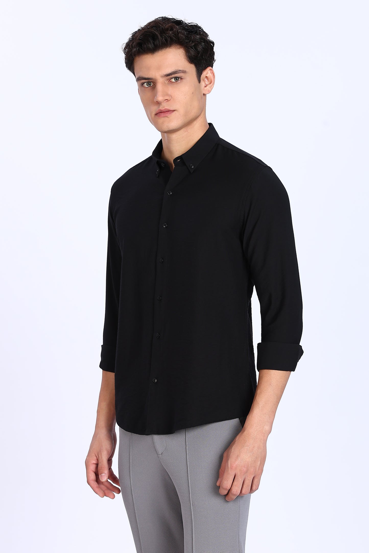 Regular Fit Black Plain Blend Linen Shirt