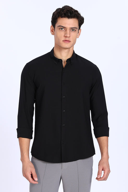 Regular Fit Black Plain Blend Linen Shirt