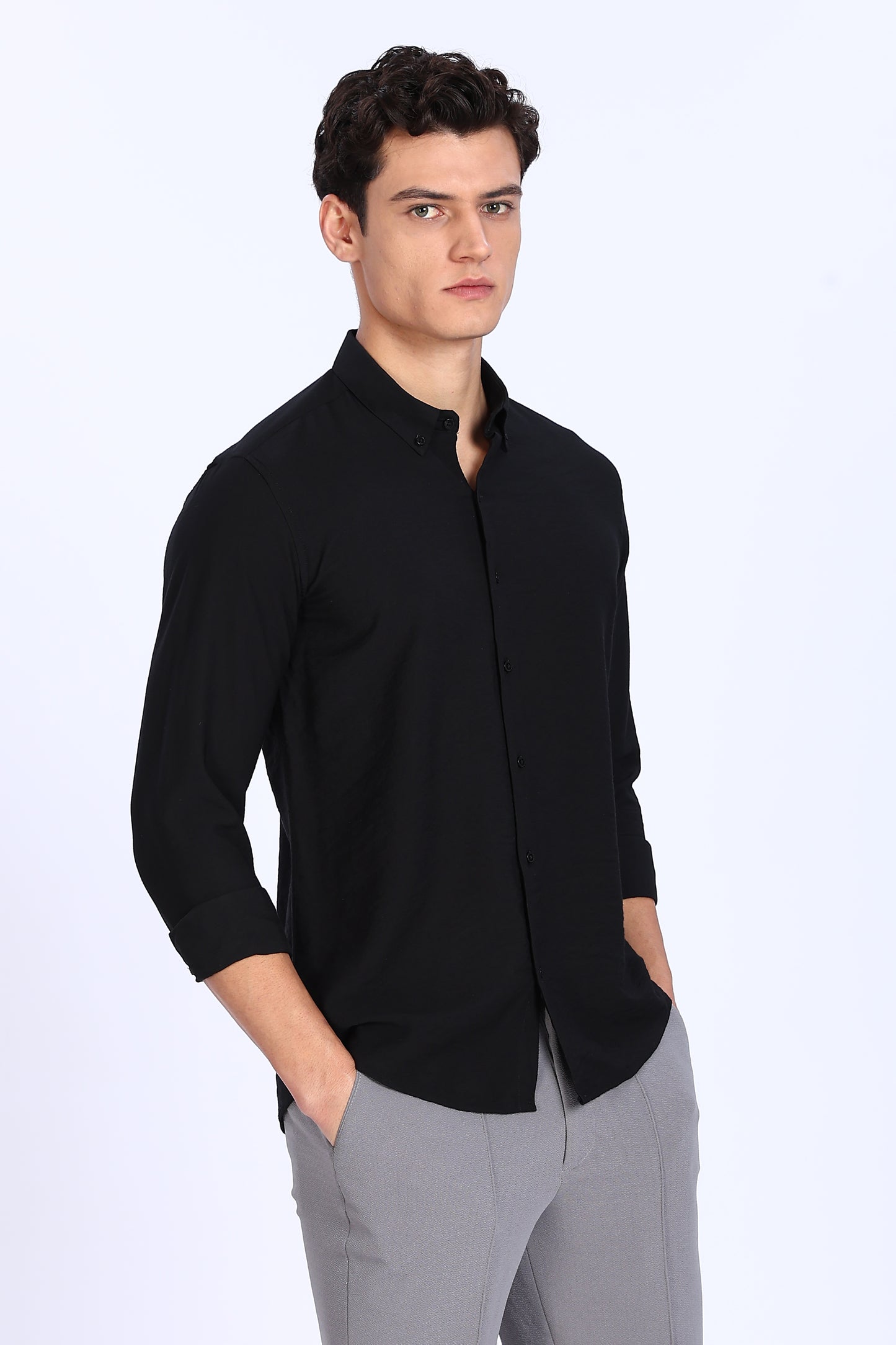 Regular Fit Black Plain Blend Linen Shirt