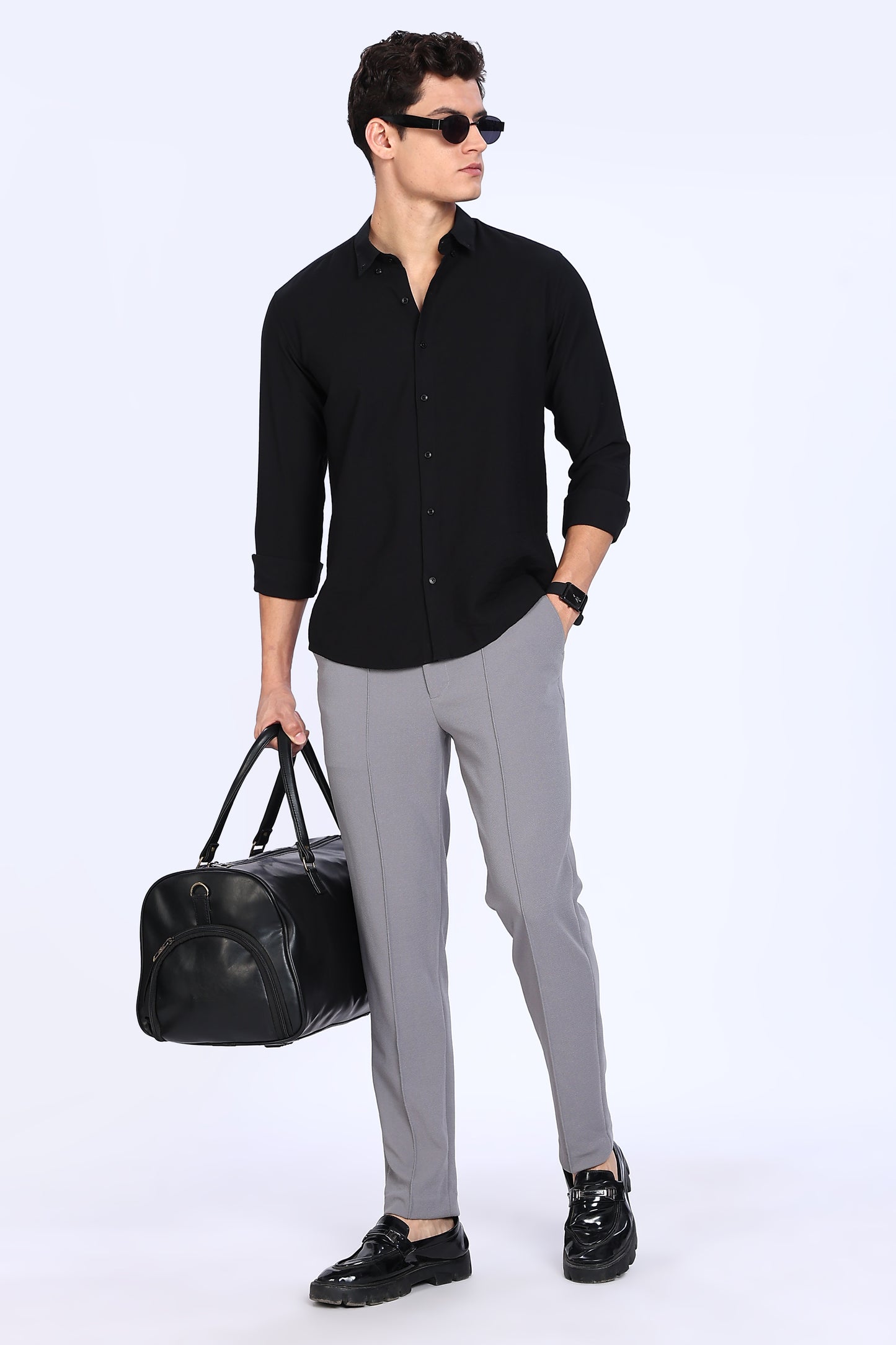 Regular Fit Black Plain Blend Linen Shirt