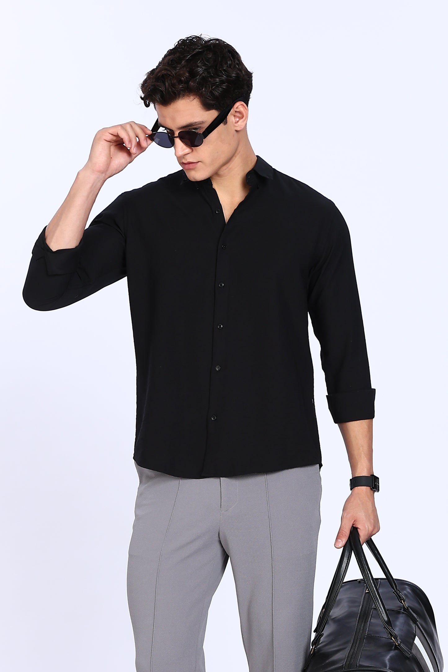 Regular Fit Black Plain Blend Linen Shirt
