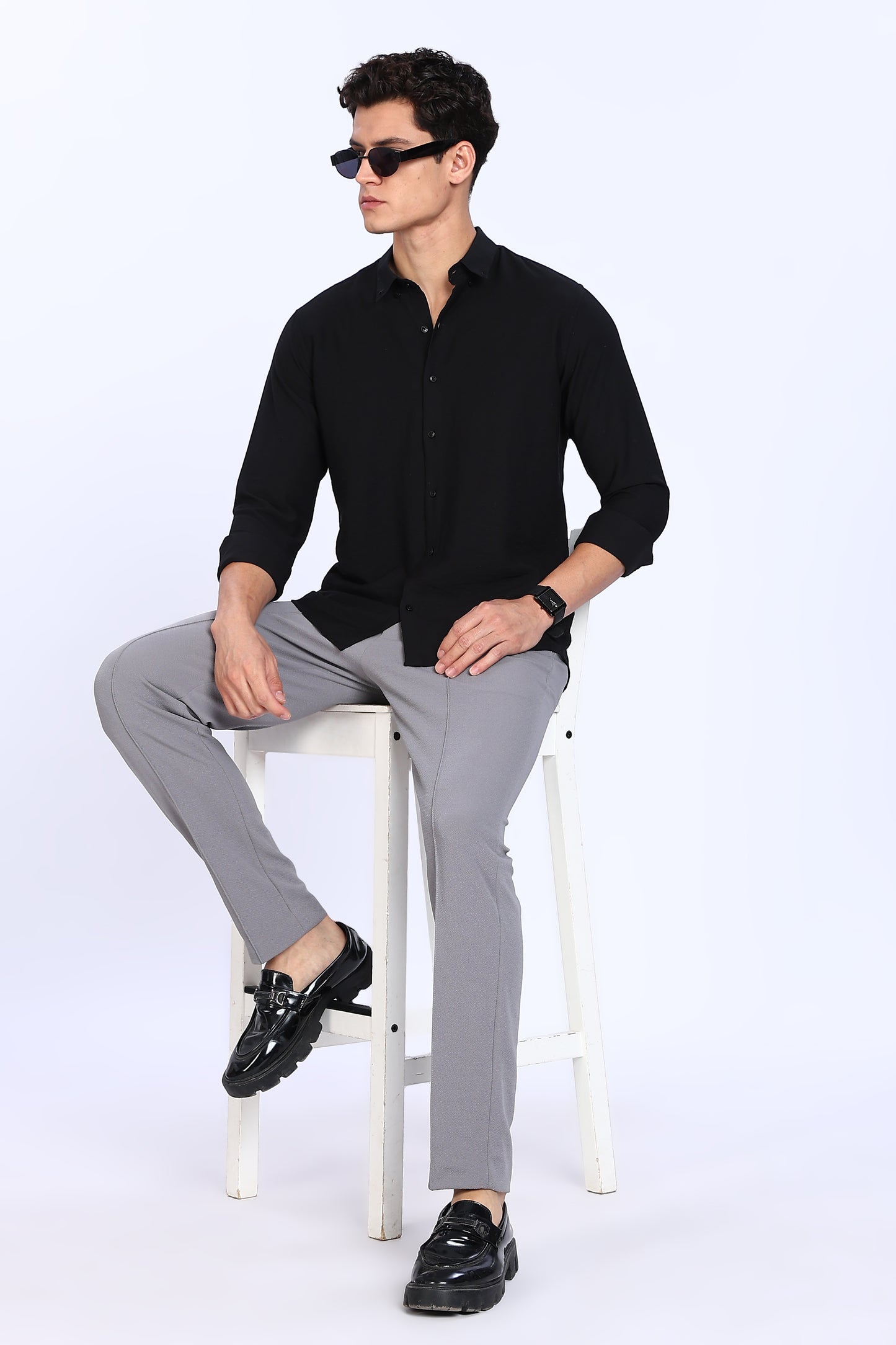 Regular Fit Black Plain Blend Linen Shirt