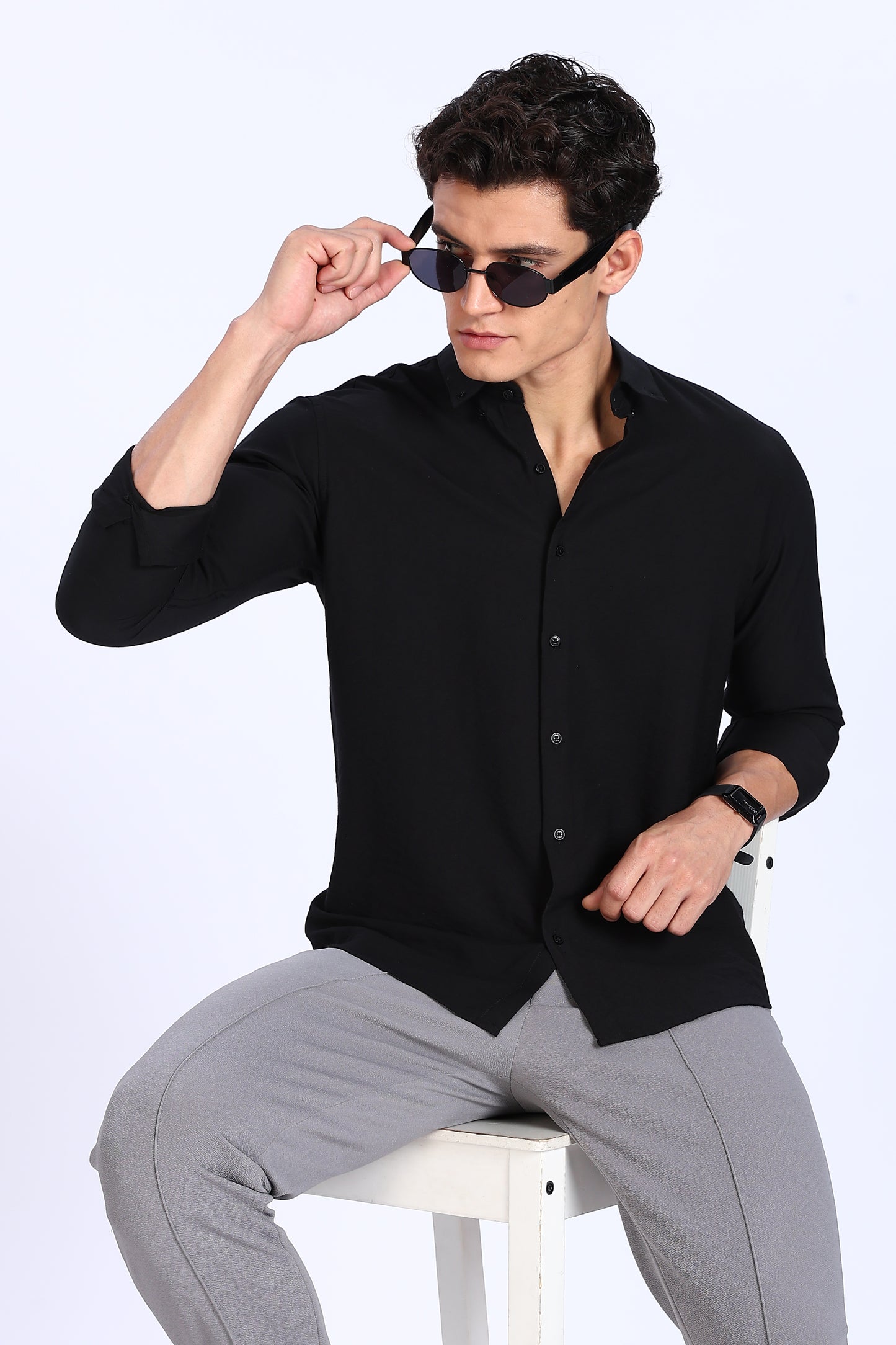 Regular Fit Black Plain Blend Linen Shirt
