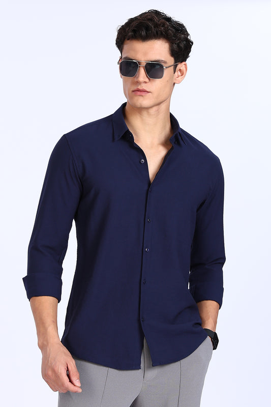Regular Fit Navy Blue Plain Blend Linen Shirt