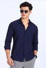 Regular Fit Navy Blue Plain Blend Linen Shirt