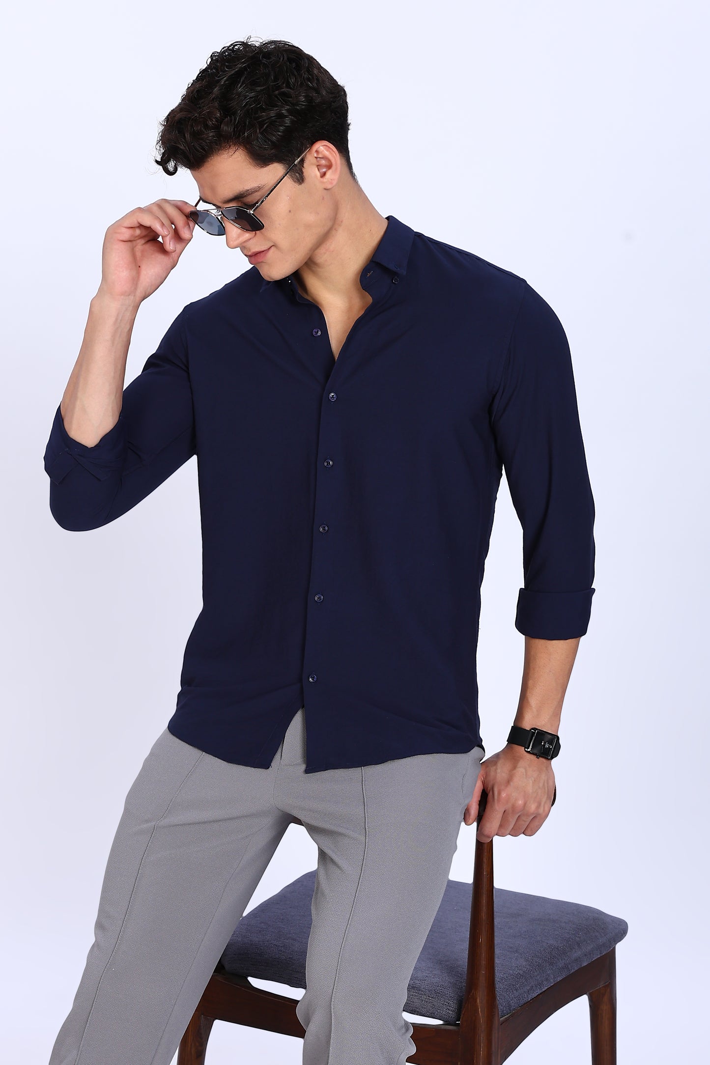 Regular Fit Navy Blue Plain Blend Linen Shirt