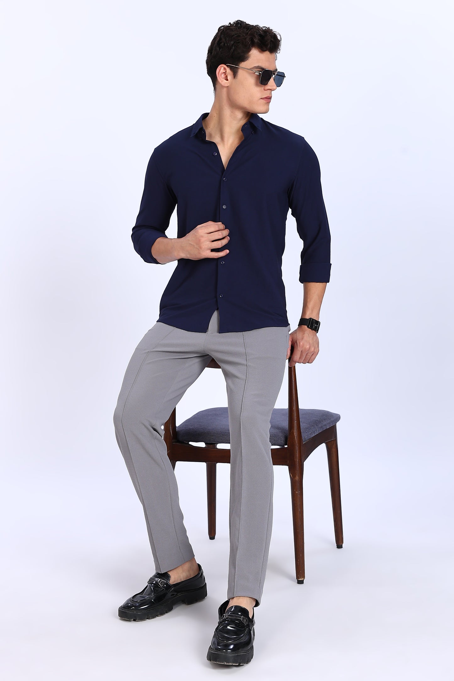 Regular Fit Navy Blue Plain Blend Linen Shirt