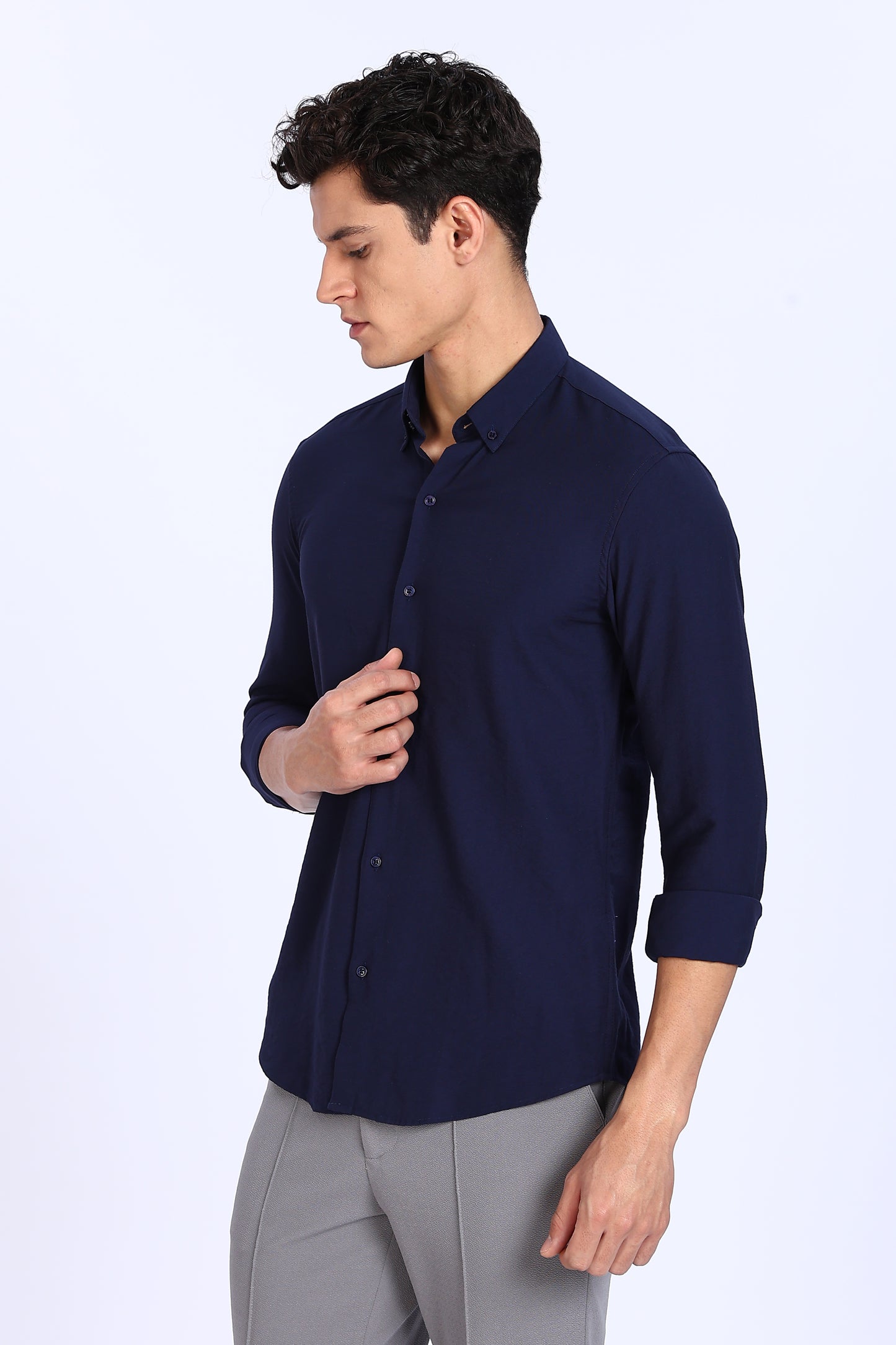 Regular Fit Navy Blue Plain Blend Linen Shirt