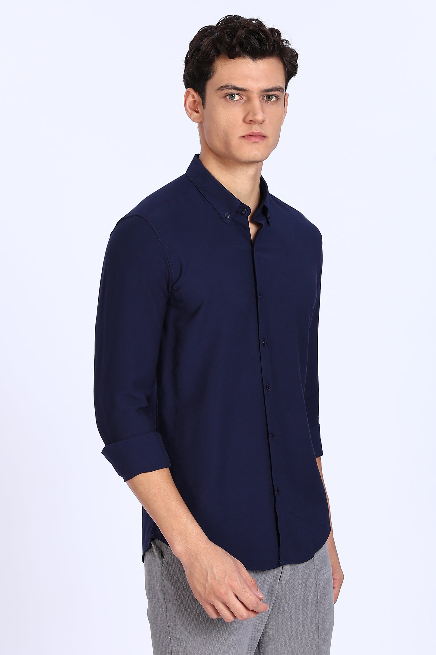 Regular Fit Navy Blue Plain Blend Linen Shirt