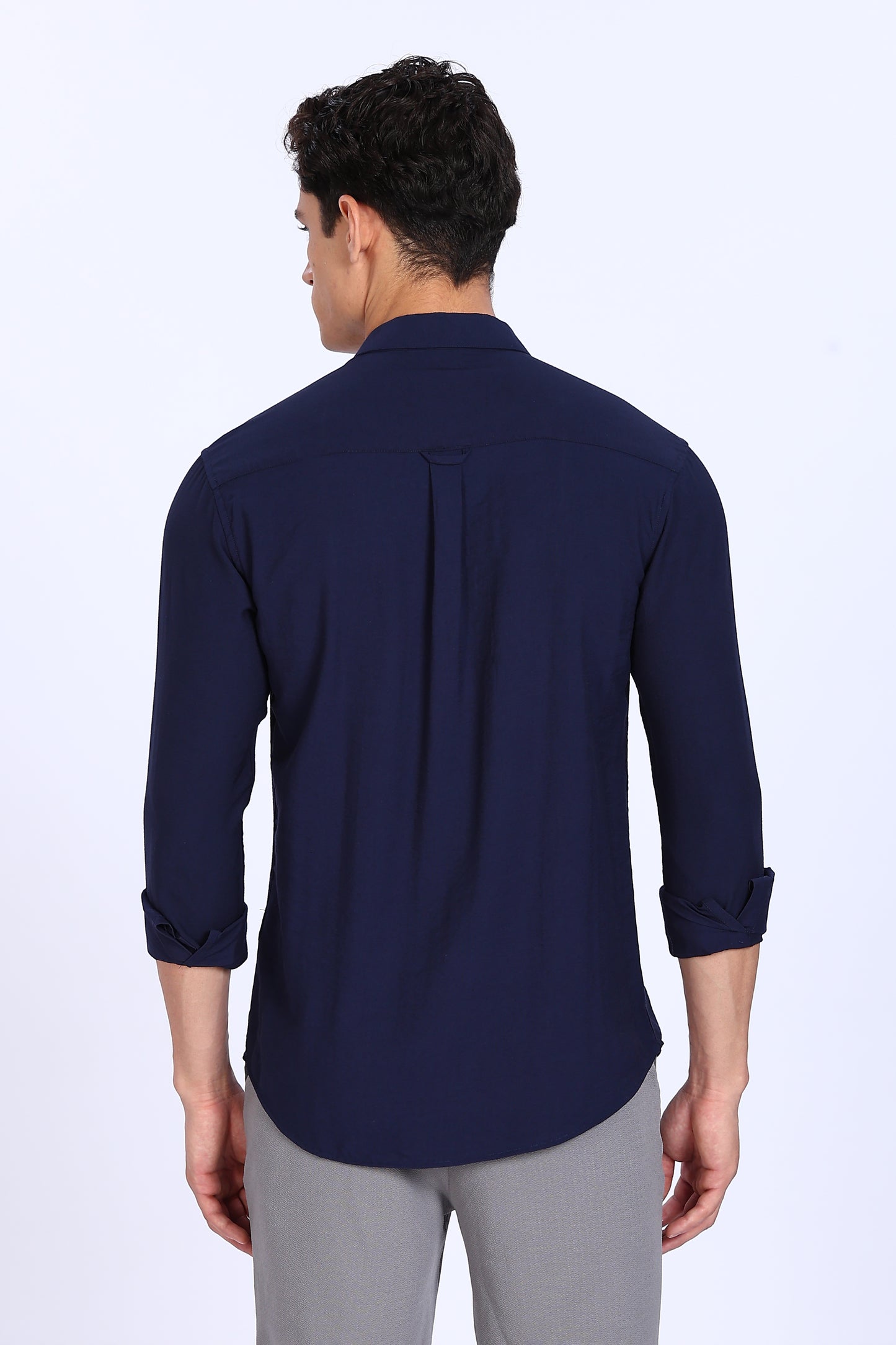 Regular Fit Navy Blue Plain Blend Linen Shirt