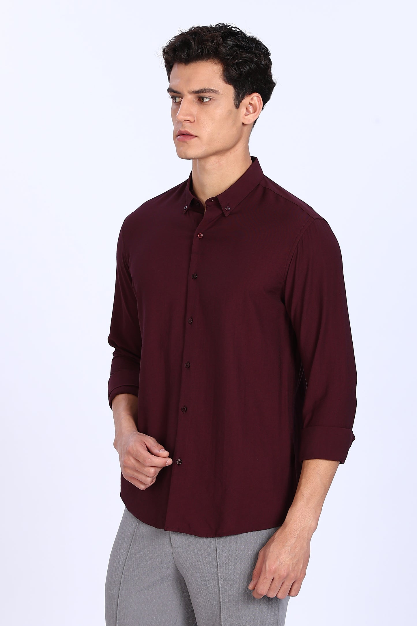 Regular Fit PLAIN BLEND Maroon LINEN SHIRT