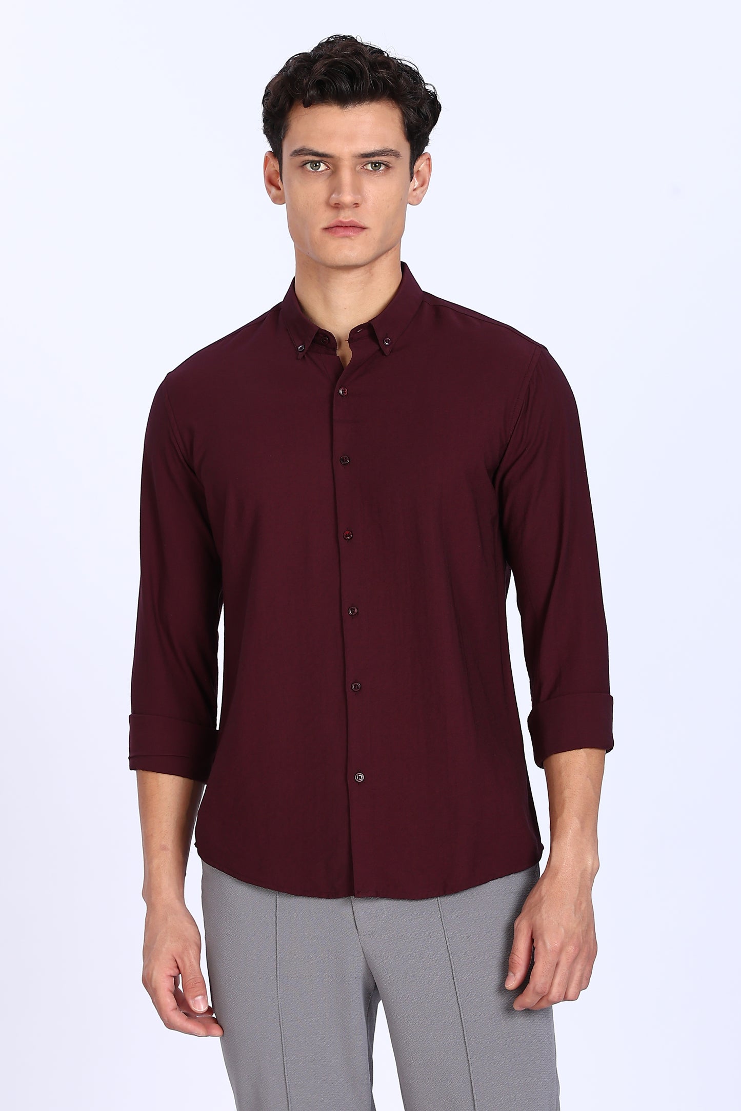 Regular Fit PLAIN BLEND Maroon LINEN SHIRT