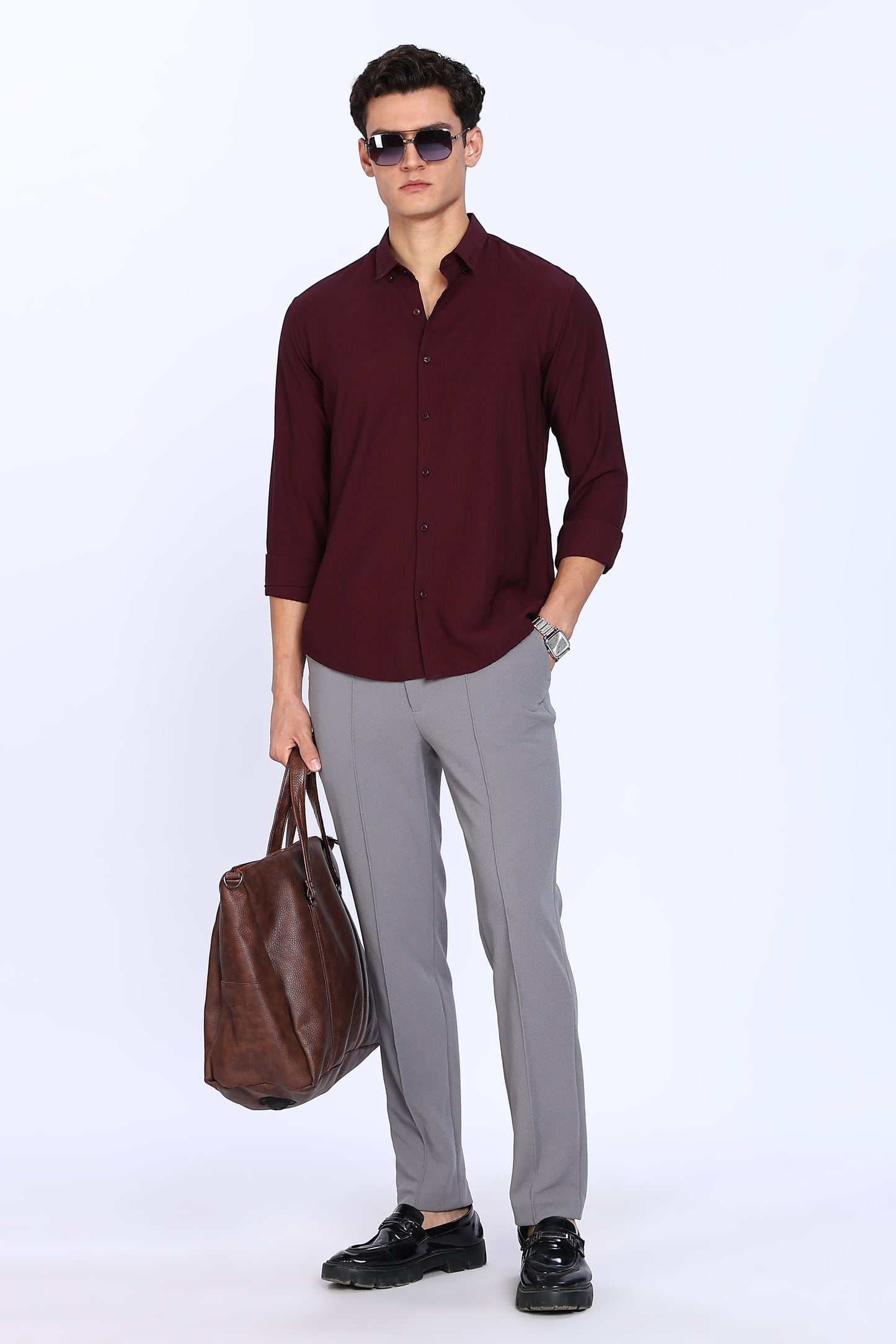 Regular Fit PLAIN BLEND Maroon LINEN SHIRT