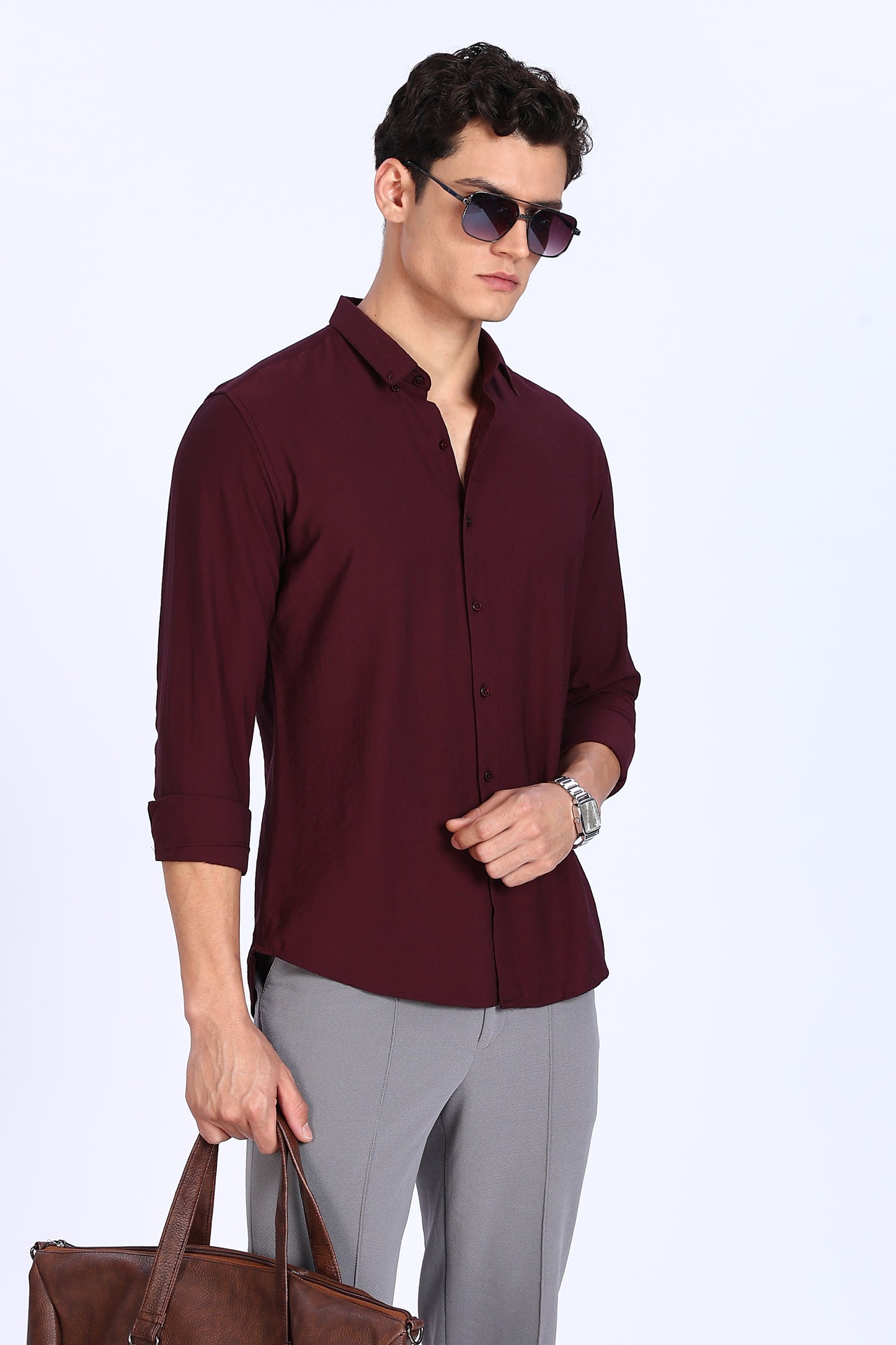 Regular Fit PLAIN BLEND Maroon LINEN SHIRT