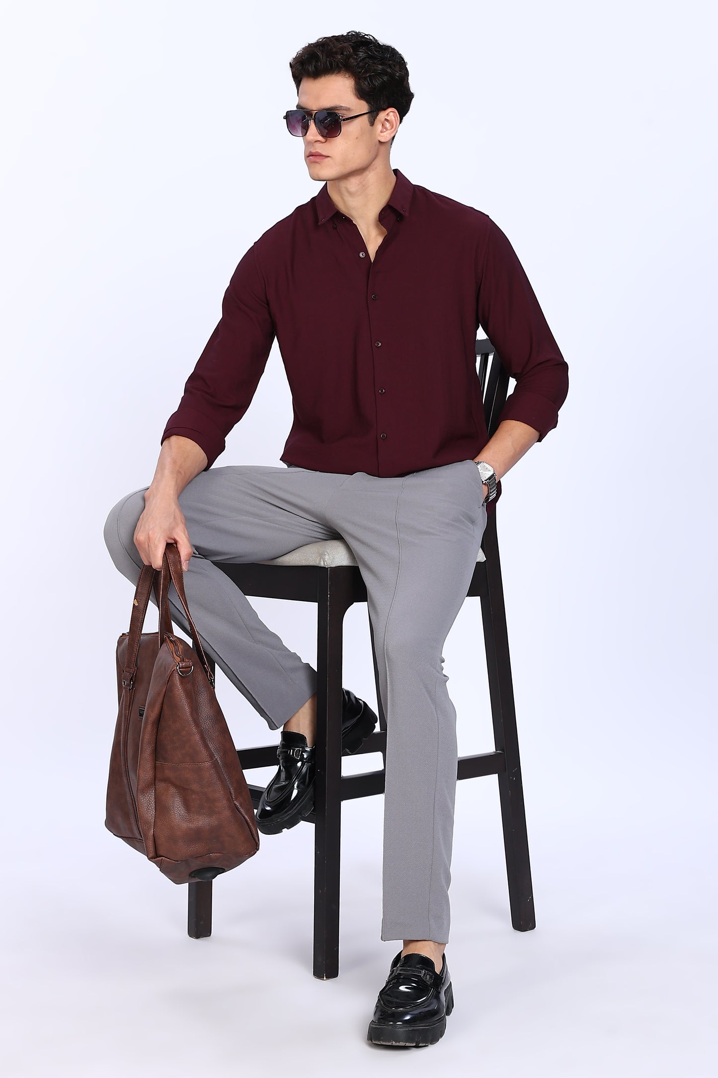 Regular Fit PLAIN BLEND Maroon LINEN SHIRT